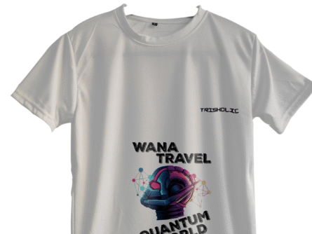 "Side profile of model in white round neck oversized t-shirt with subtle Trisholic embroidery"