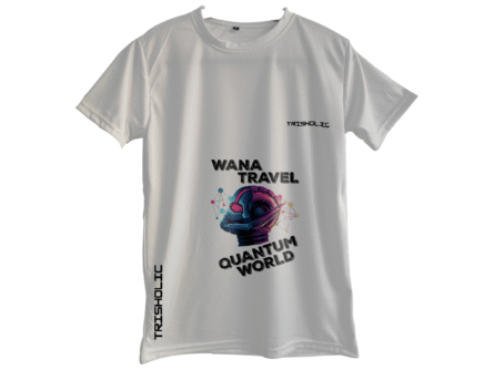 "Model wearing white round neck oversized Trisholic t-shirt with minimalist logo print"