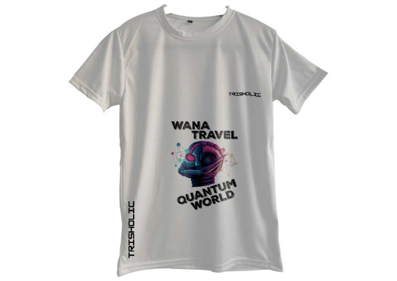 "Model wearing white round neck oversized Trisholic t-shirt with minimalist logo print"