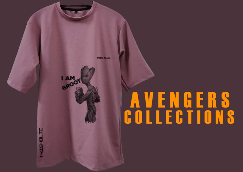 White oversized t-shirt featuring Avengers characters in abstract comic art style" Caption: Earth's mightiest style – the Avengers tee brings comic book vibes to your closet.