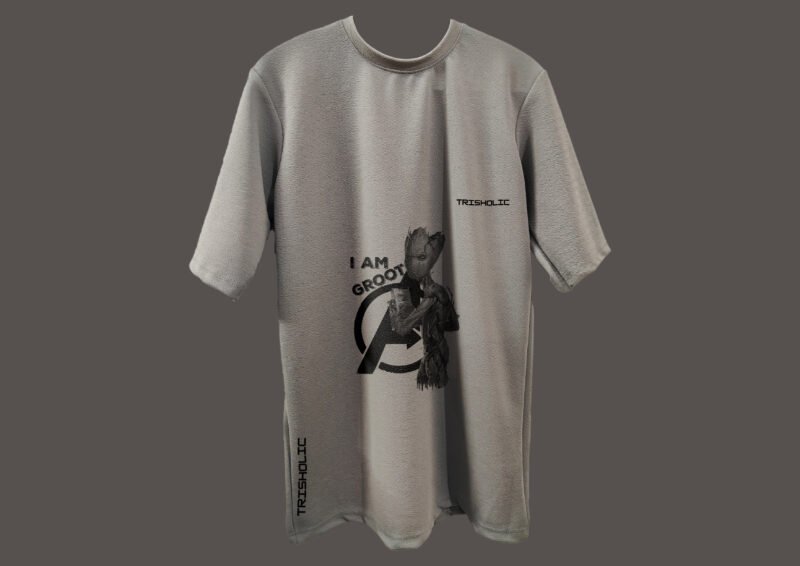Model wearing black Trisholic oversized t-shirt with minimalist logo print" Caption: Keep it clean. The classic Trisholic tee in jet black is a wardrobe essential.