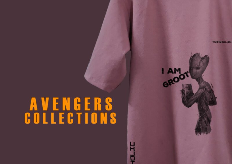 Group photo of friends wearing Avengers-themed oversized Trisholic tees outdoors" Caption: Squad goals unlocked. Rock the Avengers Collection with your crew.