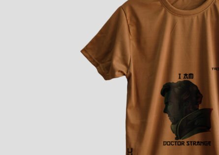 Minimalist Avengers logo on Trishoic Apricot Glow T-shirt