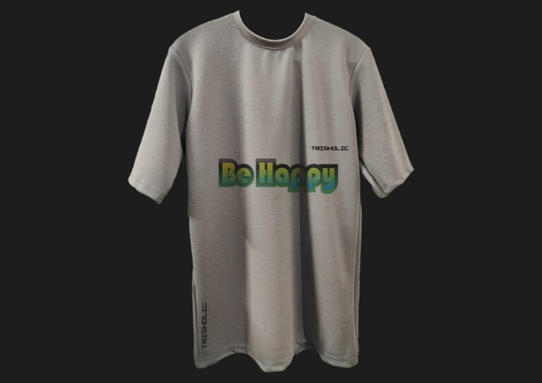 "Back design of t-shirt featuring Be Happy text"