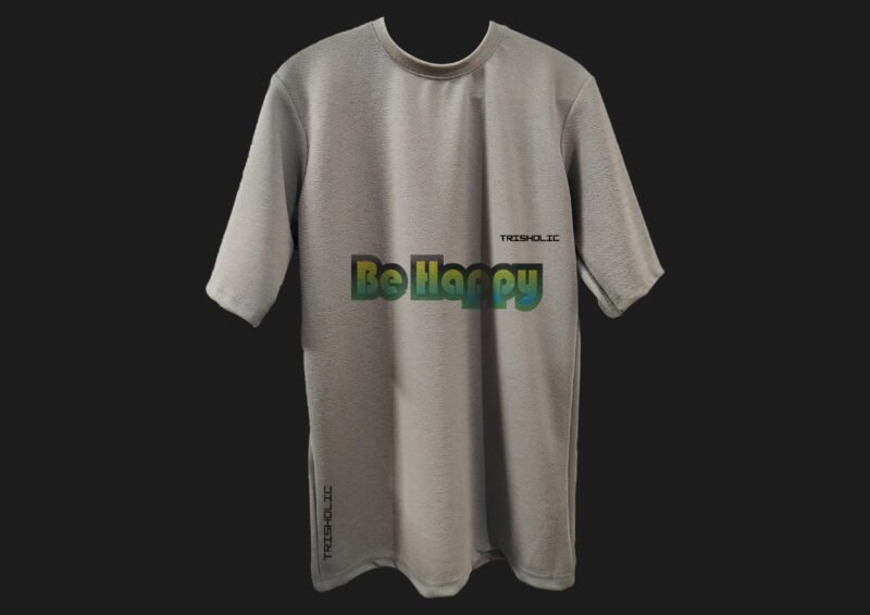 "Back design of t-shirt featuring Be Happy text"