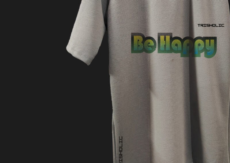 Model Wearing Be Happy T-Shirt in Urban Setting