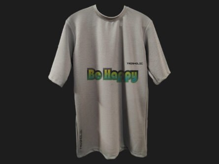 "Back design of t-shirt featuring Be Happy text"