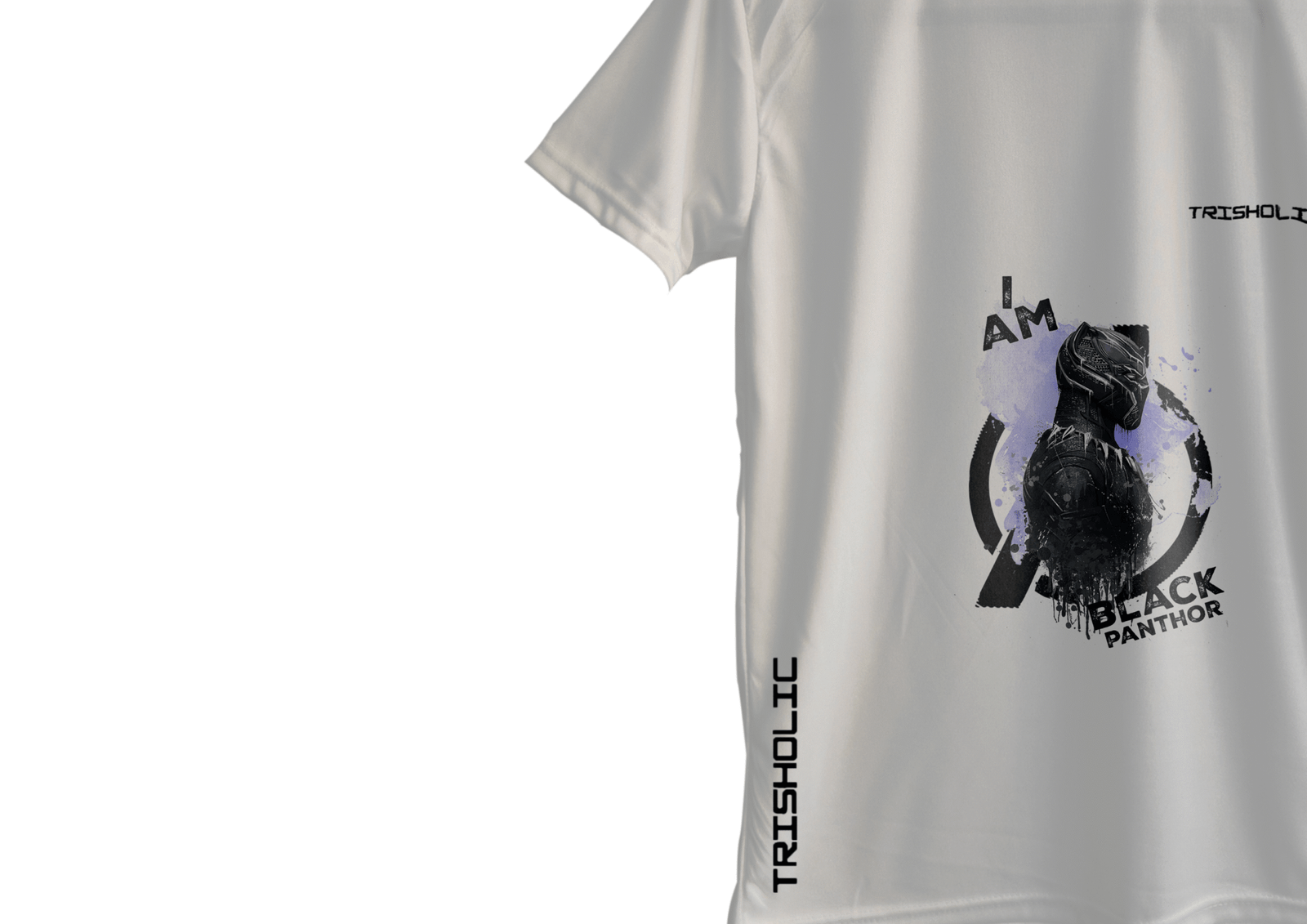 "Side profile of model in white round neck oversized t-shirt with subtle Trisholic embroidery"