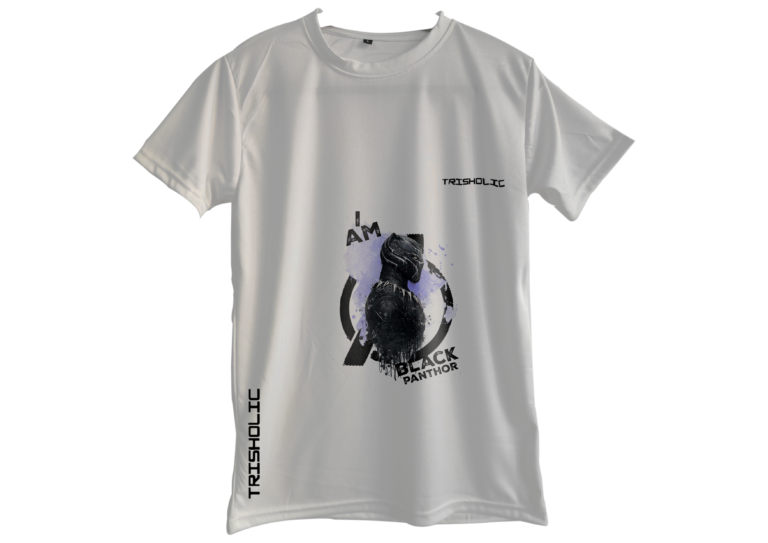 "Model wearing white round neck oversized Trisholic t-shirt with minimalist logo print"
