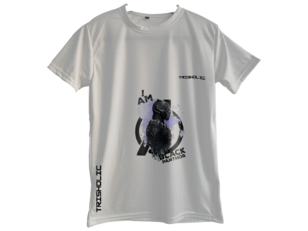 "Model wearing white round neck oversized Trisholic t-shirt with minimalist logo print"