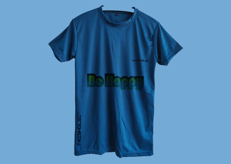 Matte blue t-shirt featuring “Be Happy” text effect design in a cheerful style