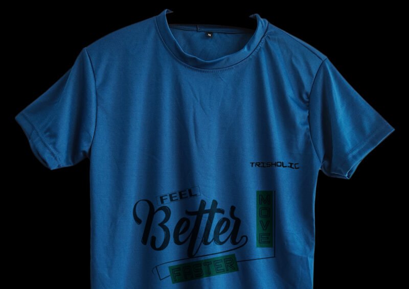 Back view of matte blue Feel Better t-shirt with plain finish