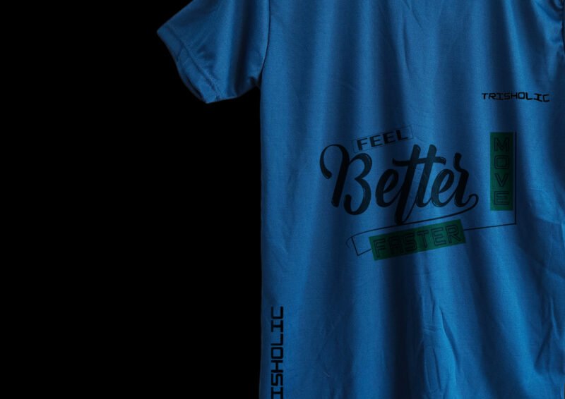 Close-up of “Feel Better” print on matte blue t-shirt