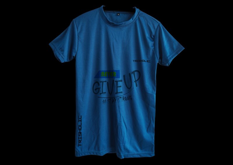 Folded matte blue Never Give Up printed t-shirts stacked neatly