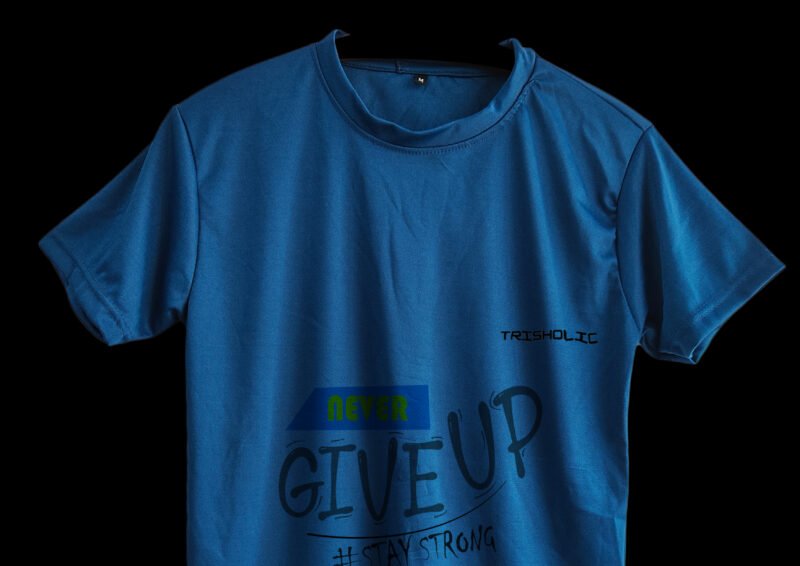 Back view of matte blue Never Give Up printed t-shirt
