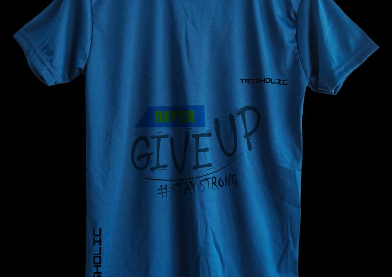 Matte blue Never Give Up printed t-shirt with bold front graphic