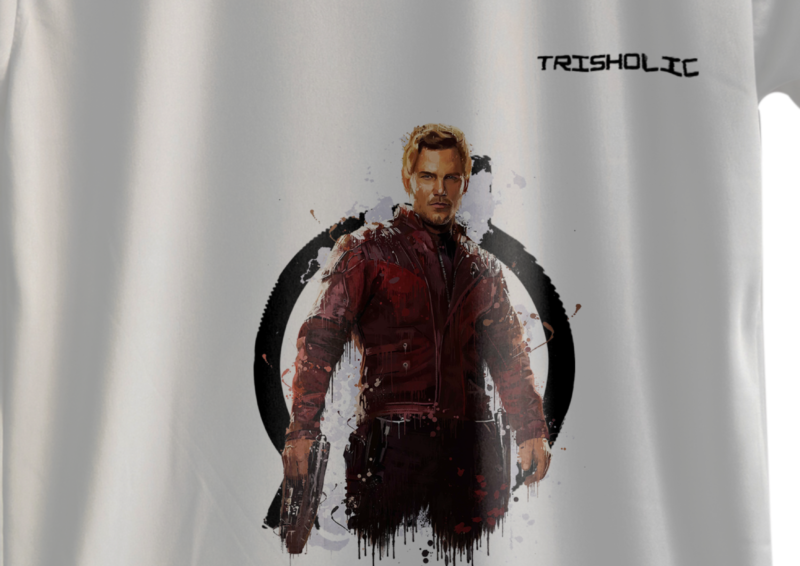 "White round neck oversized Trisholic t-shirt with Captain America’s shield design on the back"