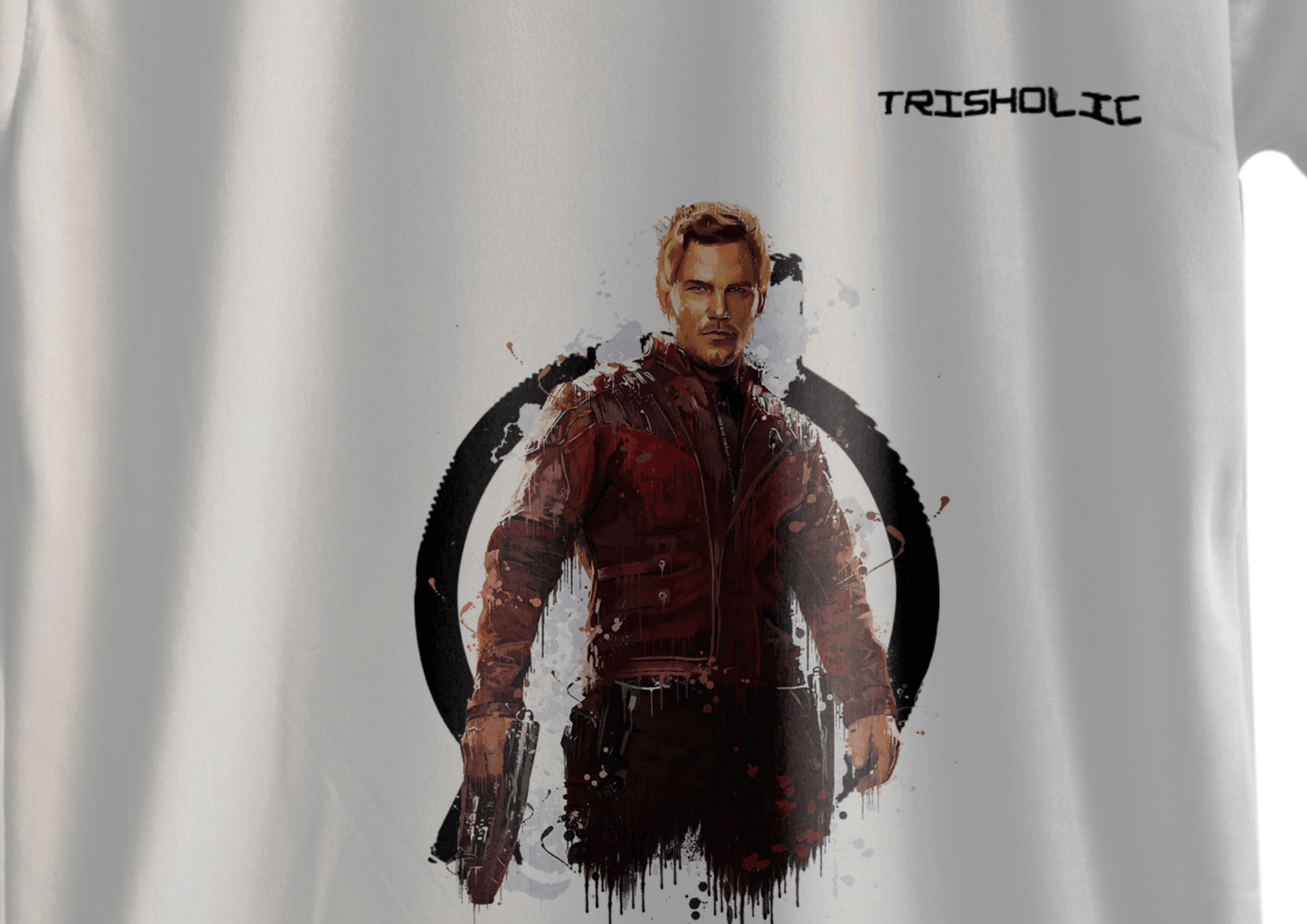 "White round neck oversized Trisholic t-shirt with Captain America’s shield design on the back"
