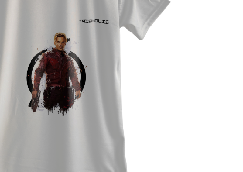 "Side profile of model in white round neck oversized t-shirt with subtle Trisholic embroidery"