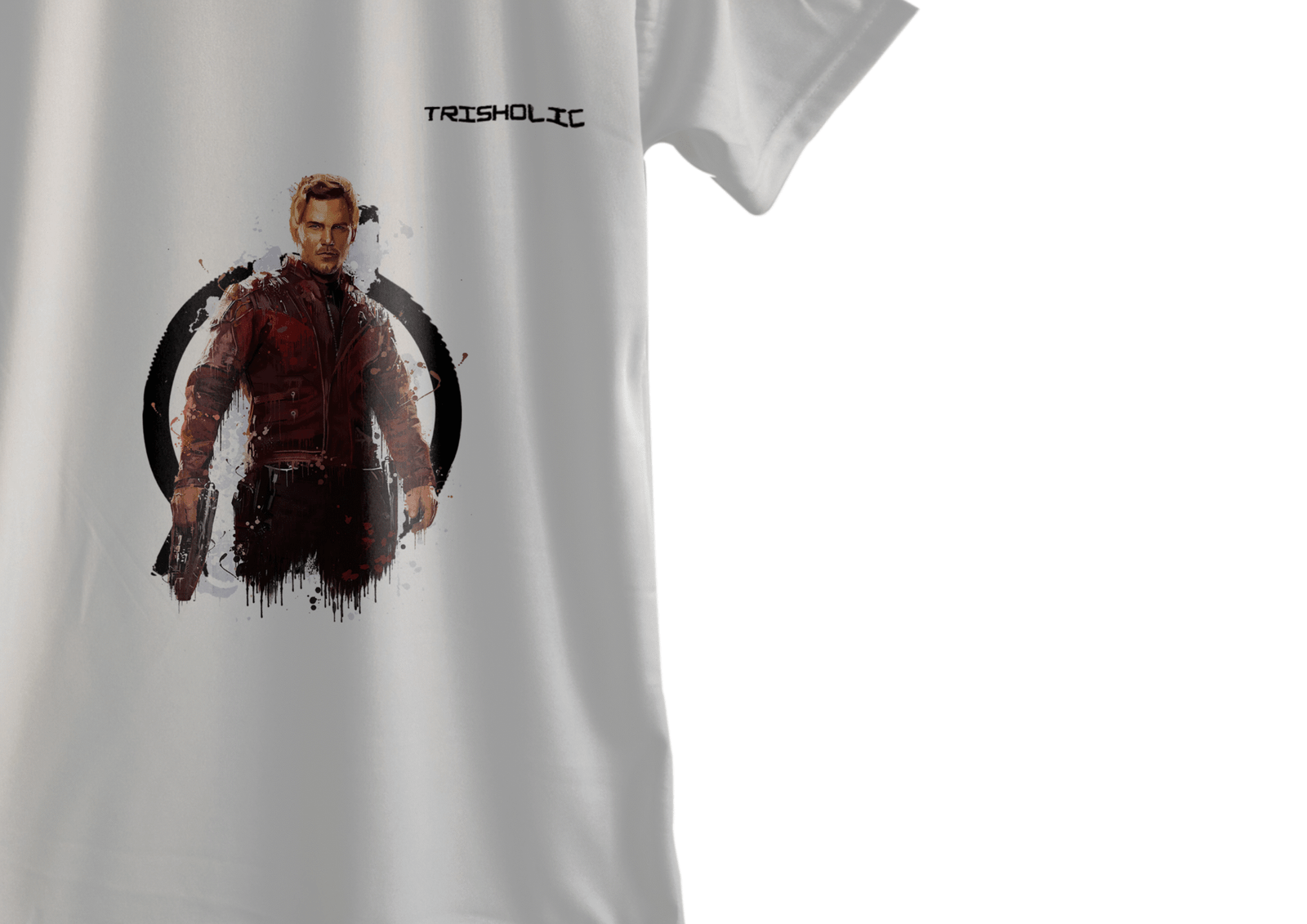 "Side profile of model in white round neck oversized t-shirt with subtle Trisholic embroidery"