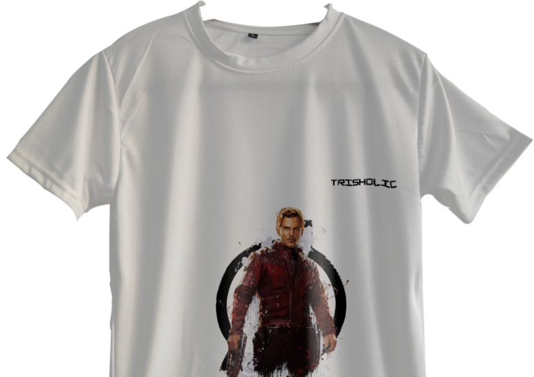 "Model wearing white round neck oversized Trisholic t-shirt with minimalist logo print"