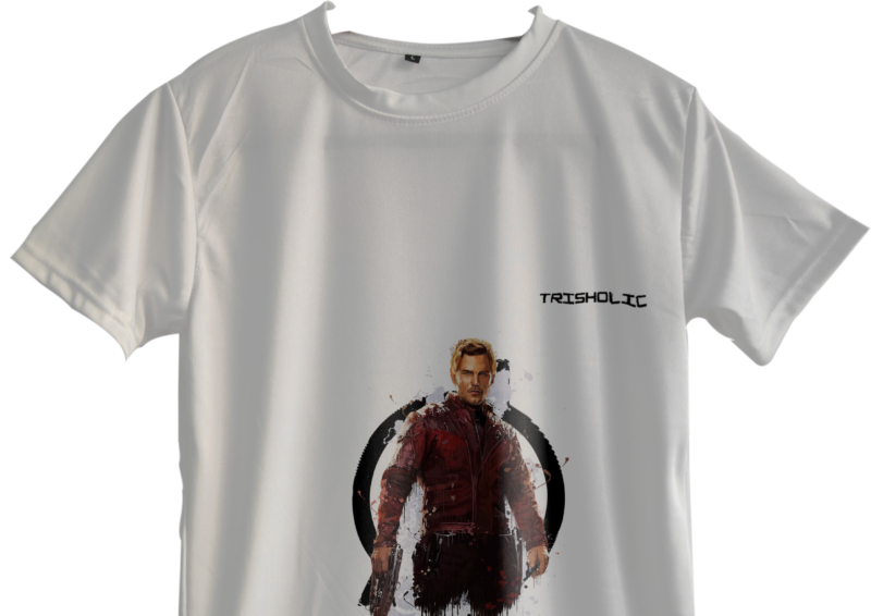 "Model wearing white round neck oversized Trisholic t-shirt with minimalist logo print"