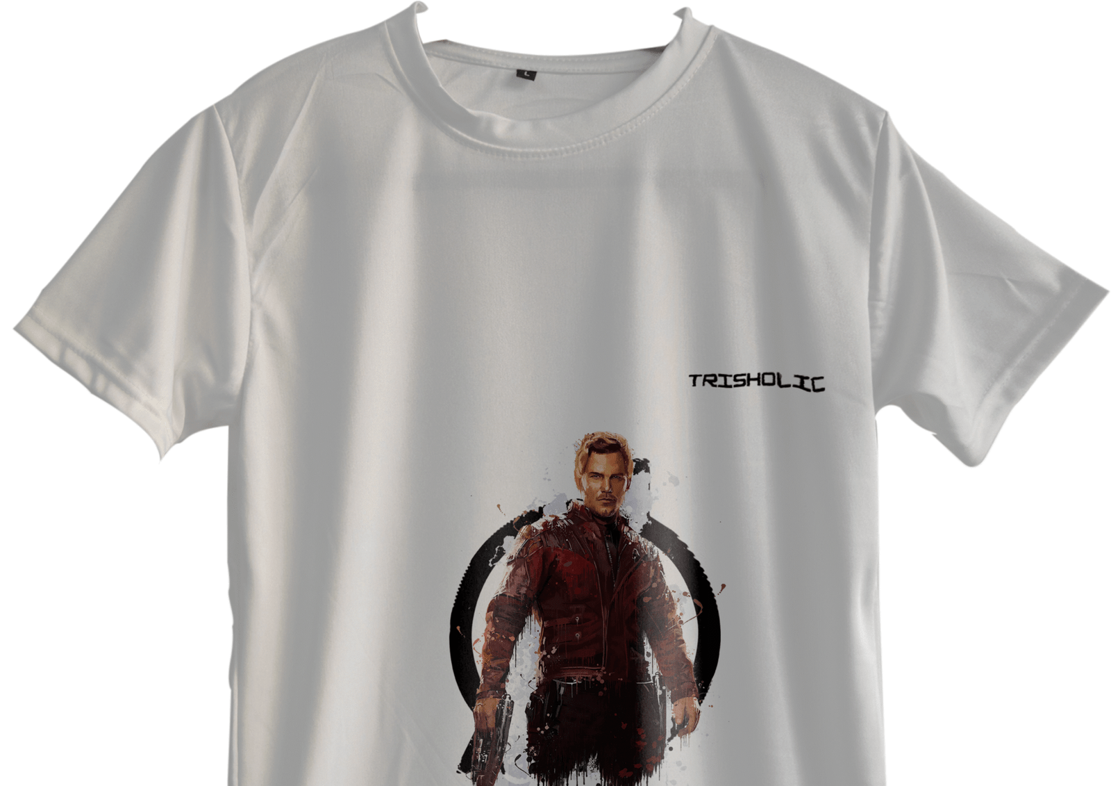 "Model wearing white round neck oversized Trisholic t-shirt with minimalist logo print"