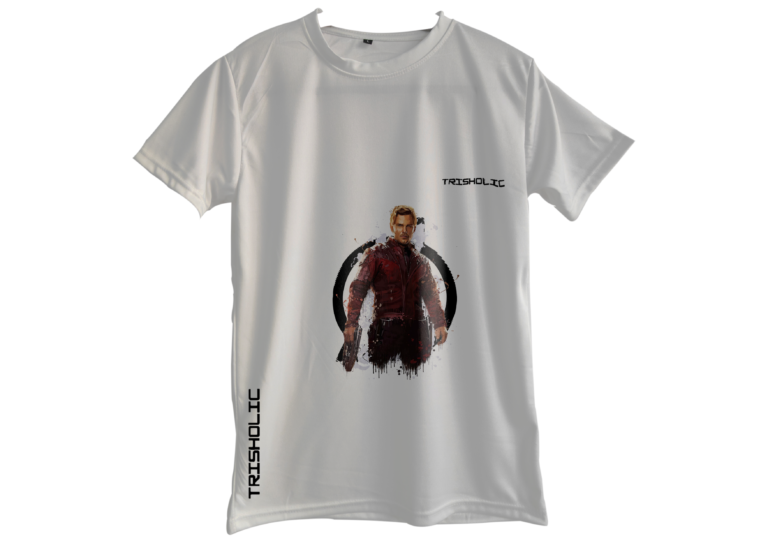 "Close-up of white round neck oversized Trisholic t-shirt showcasing soft cotton fabric texture"