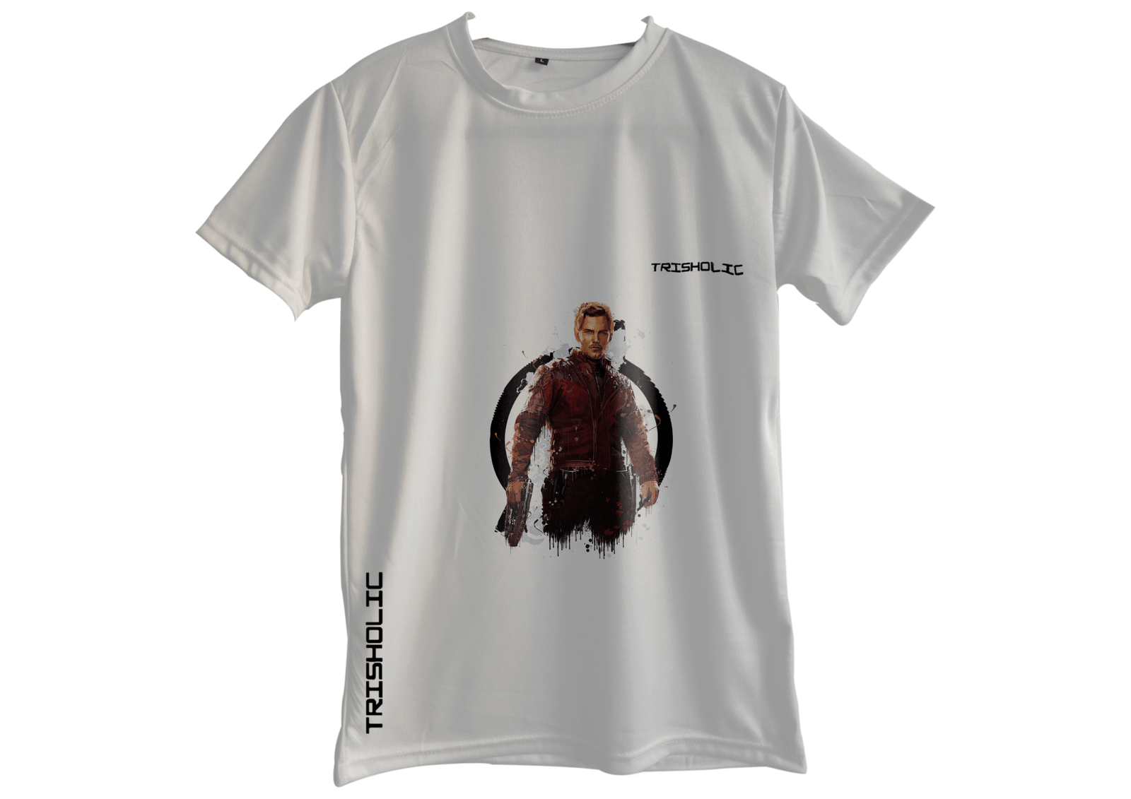 "Close-up of white round neck oversized Trisholic t-shirt showcasing soft cotton fabric texture"