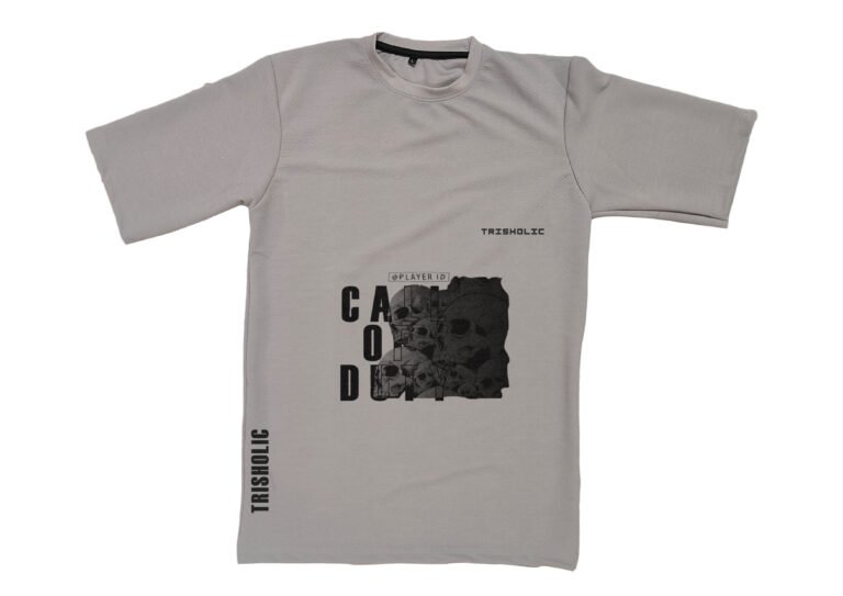 "Grey oversized Trisholic t-shirt featuring minimalistic logo design"
