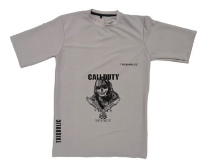 "Dusty grey oversized t-shirt with COD-themed graphic print"