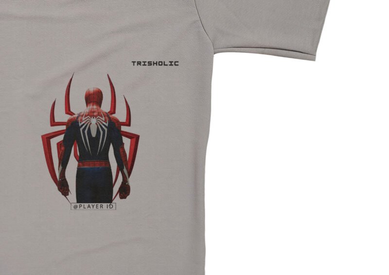 "Dusty grey Trisholic t-shirt featuring Spider-Man themed gaming art"