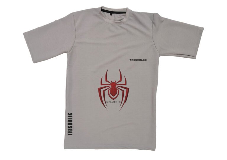 "Trisholic dusty grey gamers t-shirt with exclusive Spider-Man graphic"