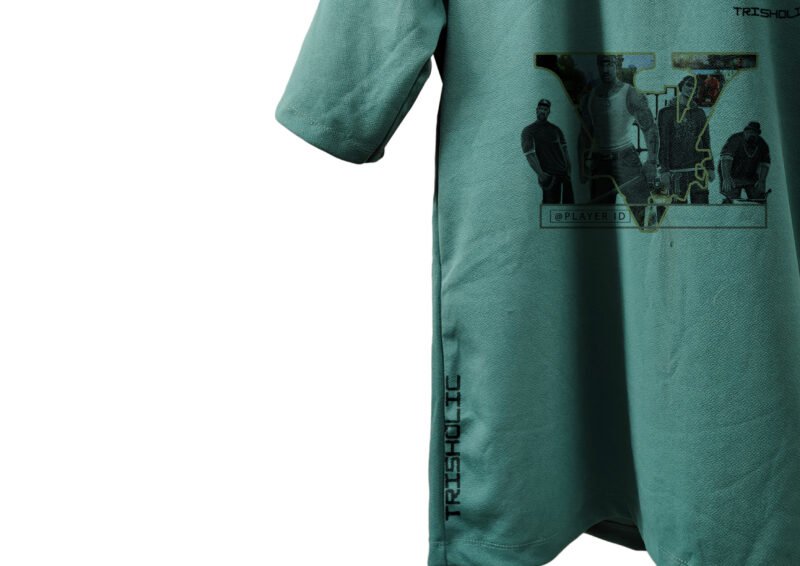 Trisholic Wanted Level GTA-inspired oversized t-shirt with 5-star police chase art.