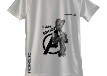 "White round neck oversized t-shirt featuring Avengers characters in abstract comic art style"