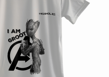 "Close-up of white round neck oversized Trisholic t-shirt showcasing soft cotton fabric texture"