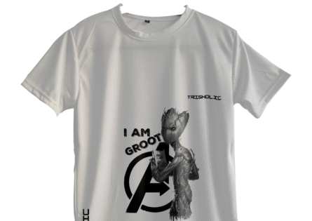 "Model wearing white round neck oversized Trisholic t-shirt with minimalist logo print"