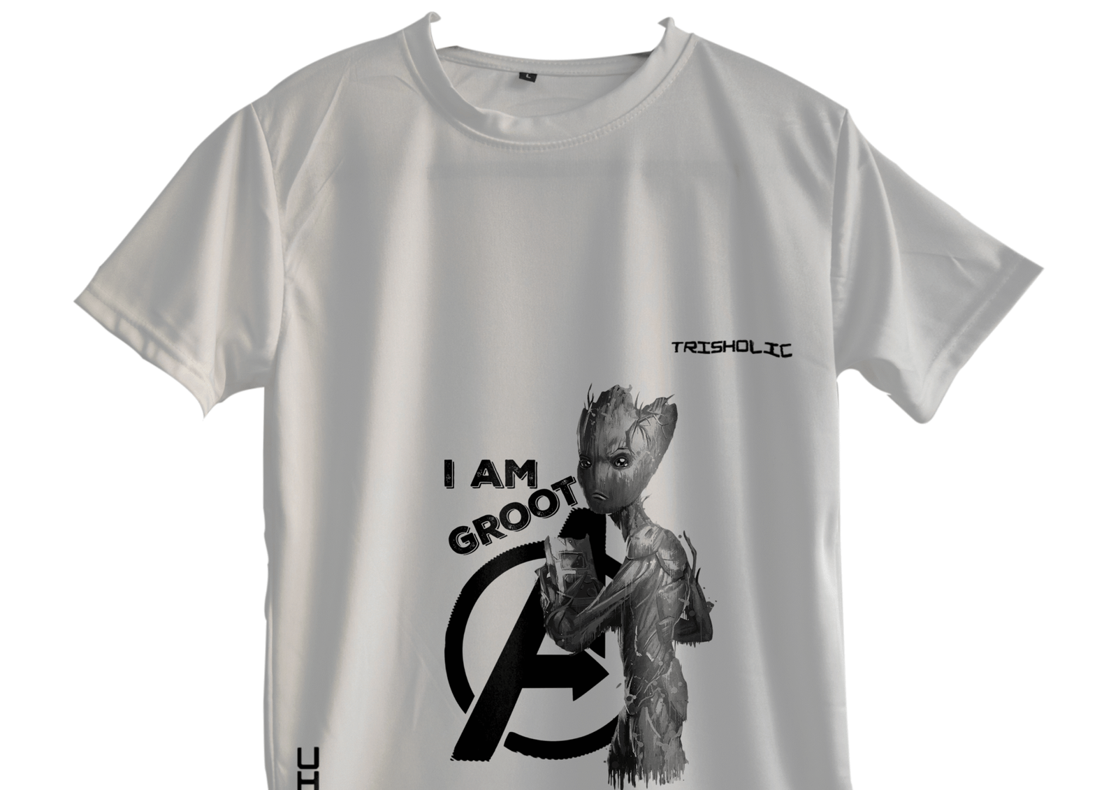 "Model wearing white round neck oversized Trisholic t-shirt with minimalist logo print"