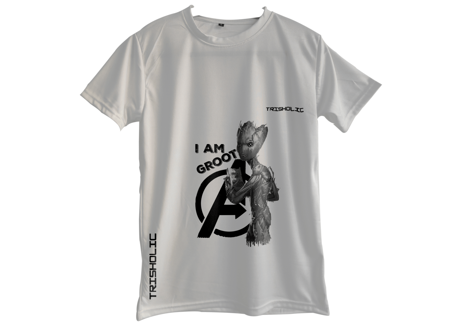 "Group photo of friends wearing white round neck oversized Avengers-themed Trisholic t-shirts outdoors"