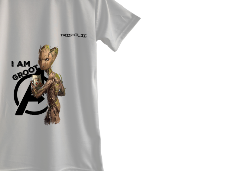 Group photo of friends wearing white round neck oversized Avengers-themed Trisholic t-shirts outdoors"