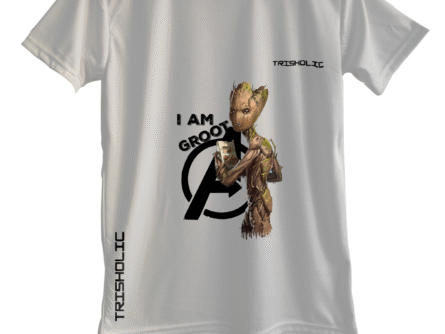 "White round neck oversized Trisholic t-shirt with Captain America’s shield design on the back"