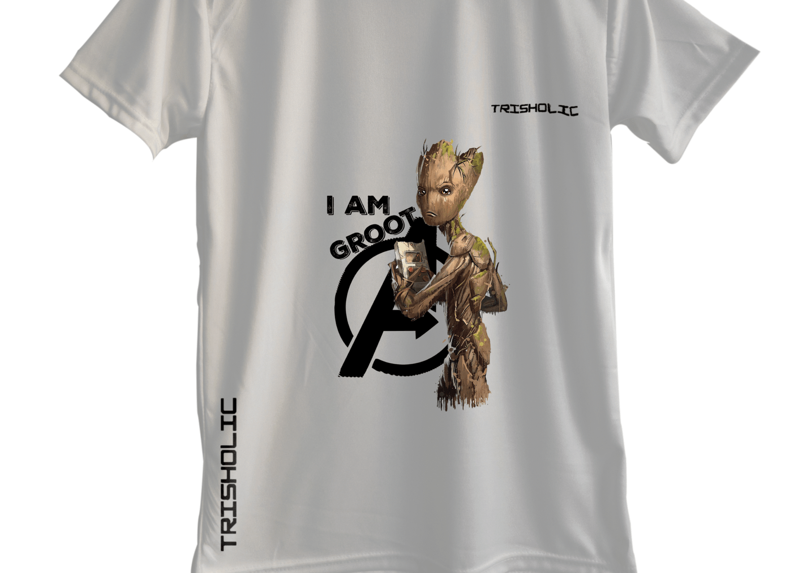 "White round neck oversized Trisholic t-shirt with Captain America’s shield design on the back"