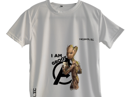 "Side profile of model in white round neck oversized t-shirt with subtle Trisholic embroidery"