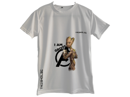 "White round neck oversized t-shirt featuring Avengers characters in abstract comic art style"