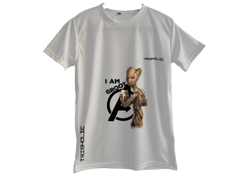 "White round neck oversized t-shirt featuring Avengers characters in abstract comic art style"