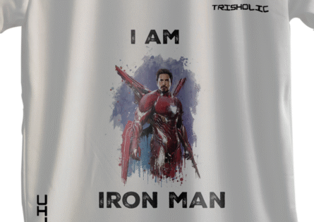 "White oversized round neck t-shirt with bold Iron Man graphic design"