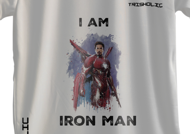 "White oversized round neck t-shirt with bold Iron Man graphic design"