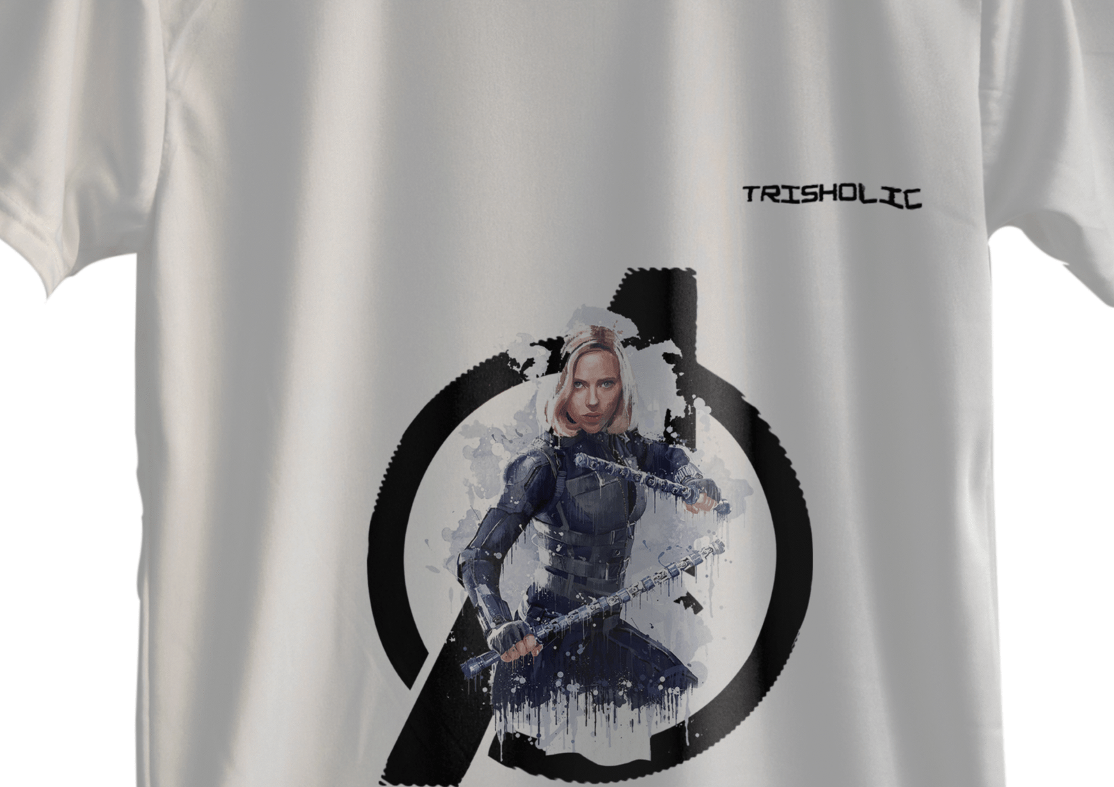 "White oversized round neck t-shirt featuring subtle Avengers logo at chest"
