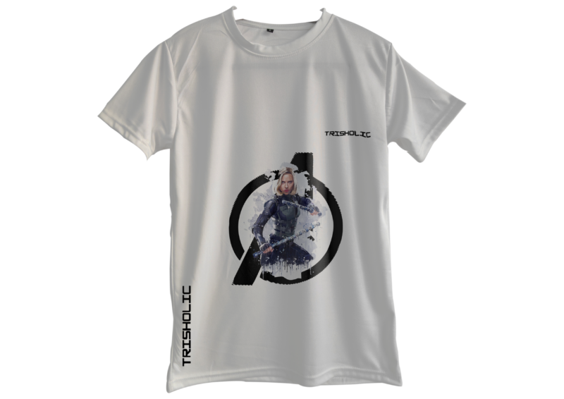 "Close-up of white oversized Avengers tee showing fine print detail and fabric texture"
