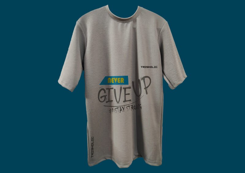Never Give Up text design on dusty gray oversized t-shirt